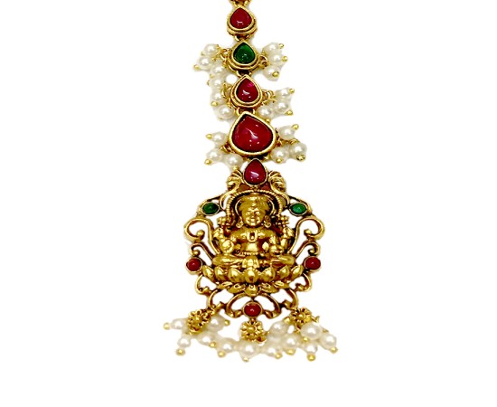 Gold Plated Maang Tikka With Lakshmi Design Pink Green Stones And Pearls