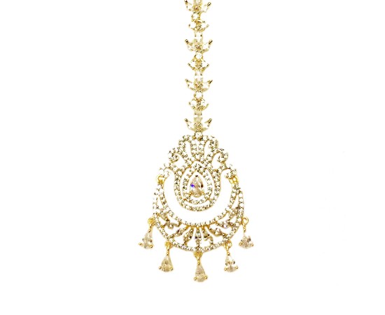 Gold Plated Maang Tikka With White Stones