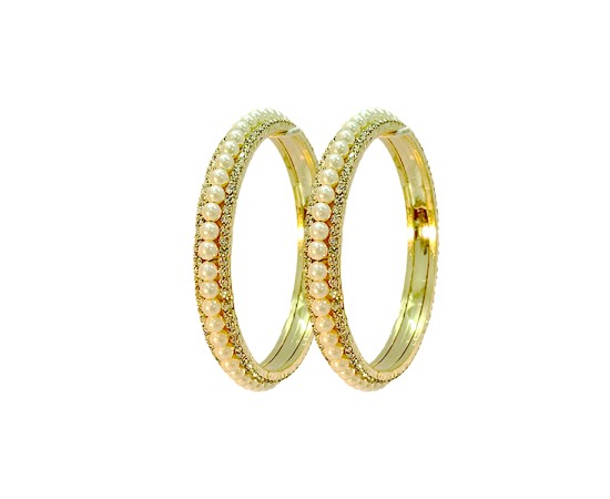 Gold Plated Pearl Bangles With White Stones
