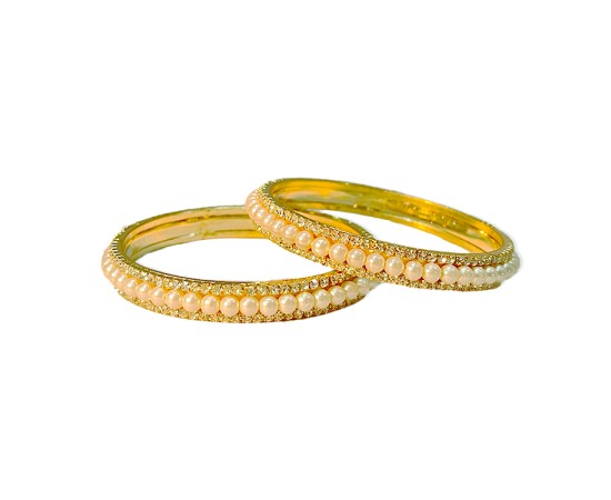 Gold Plated Pearl Bangles With White Stones