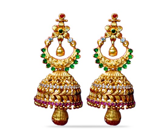 Jhumkas with red green and white stone