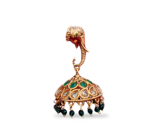 Jhumkas with Green pearls Elephant model