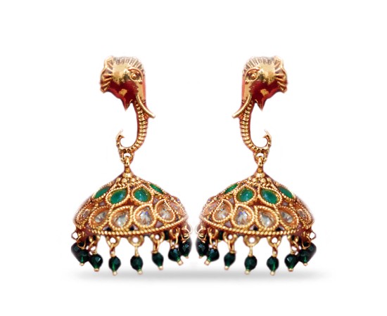 Jhumkas with Green pearls Elephant model