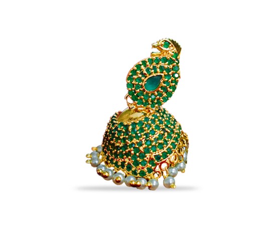 Jhumkas with green and white pearls