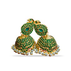 Jhumkas with green and white pearls