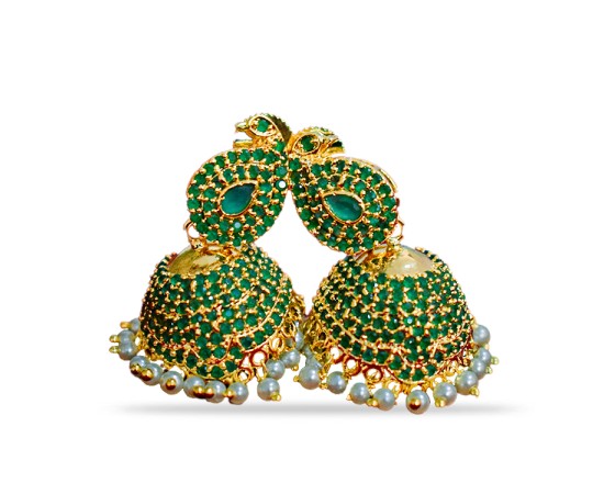 Jhumkas with green and white pearls