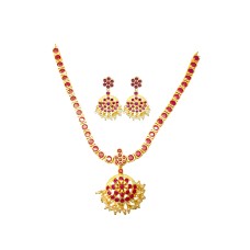 Gold Plated Necklace With Pink Stone And Pearls