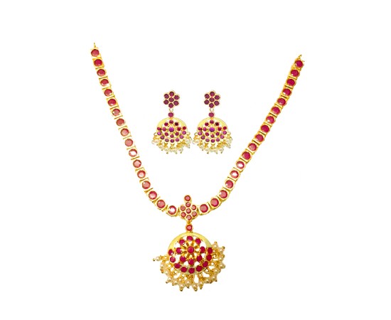 Gold Plated Necklace With Pink Stone And Pearls