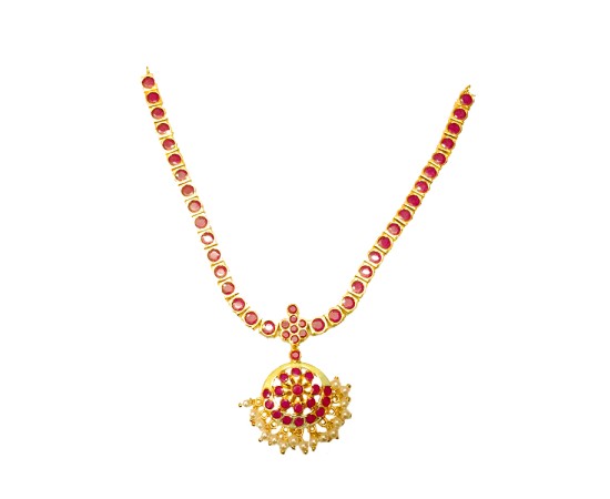 Gold Plated Necklace With Pink Stone And Pearls
