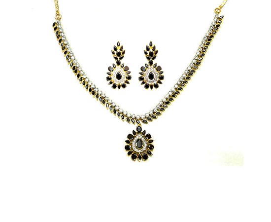 Gold Plated Necklace With White & Black Stones