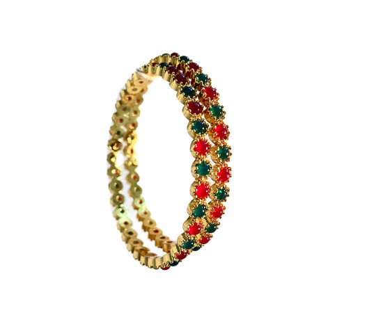 Gold Plated Kemp Bangles With Round Red And  Green Stones