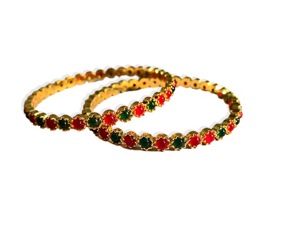 Gold Plated Kemp Bangles With Round Red And  Green Stones