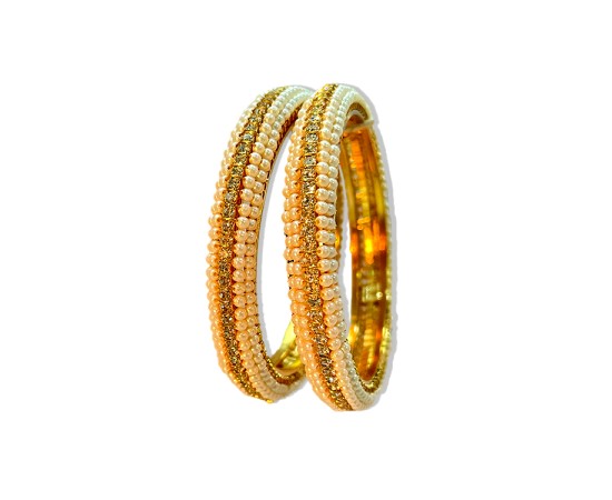 Gold Plated Pearl Bangles With White Stones