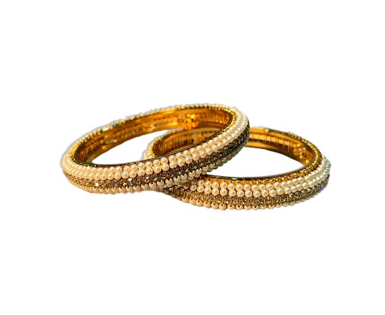 Gold Plated Pearl Bangles With White Stones