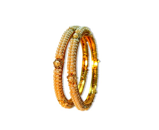 Gold Plated Pearl Bangles With White Stones