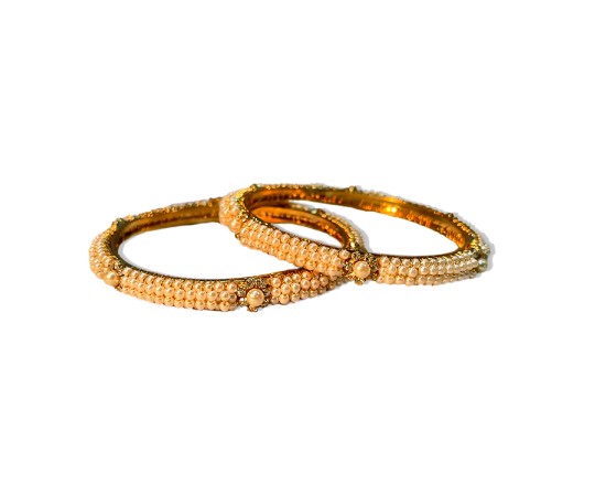 Gold Plated Pearl Bangles With White Stones