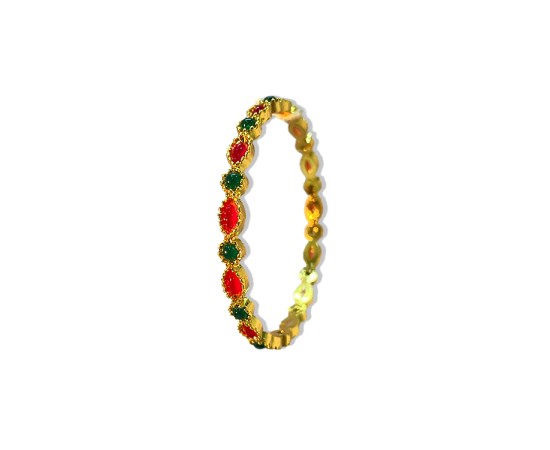 GOLD PLATED KEMP BANGLES WITH ROUND OVAL RED AND GREEN STONES