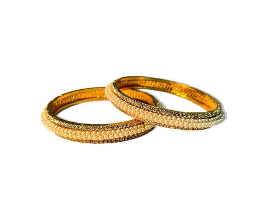 Gold Plated Pearl Bangles With White Stones