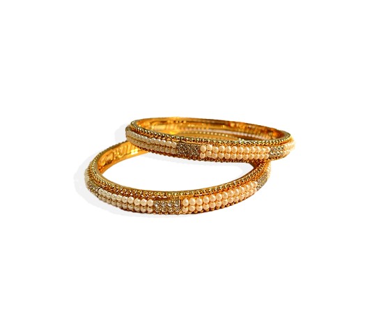 Gold Plated Pearl Bangles With White Stones