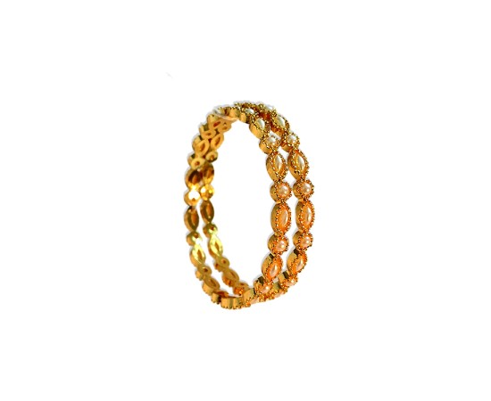 Gold Plated Kemp Bangles With Round Oval White Pearls