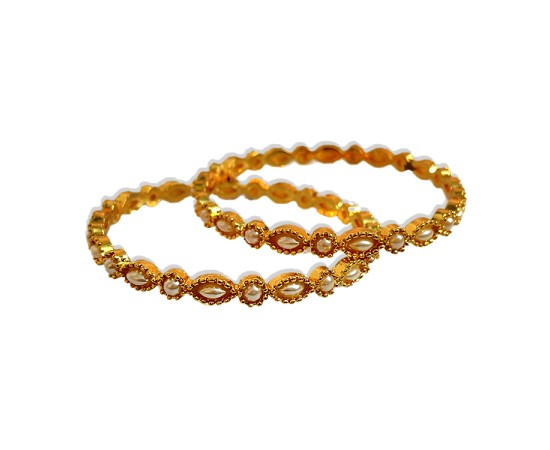 Gold Plated Kemp Bangles With Round Oval White Pearls