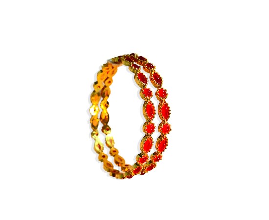 Gold Plated Kemp Bangles With Round Oval Red Stones