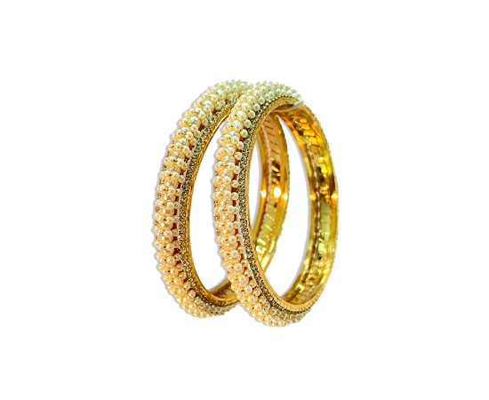 Gold Plated Pearl Bangles With White Stones