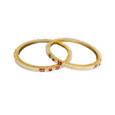 GOLD PLATED PEARL BANGLES WITH WHITE AND RED STONES
