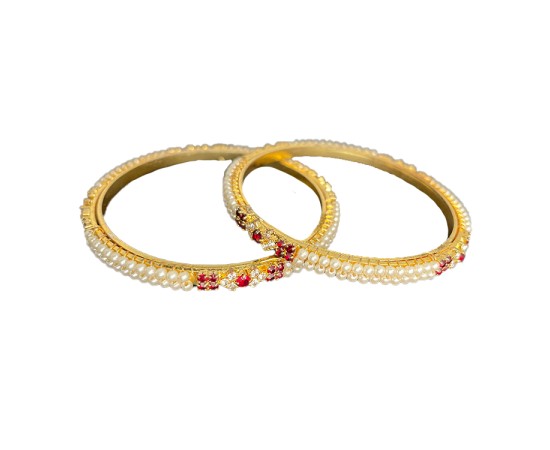 GOLD PLATED PEARL BANGLES WITH WHITE AND RED STONES