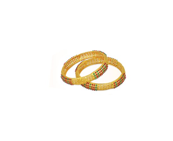 Gold Plated Bangles With Green & Red Stones