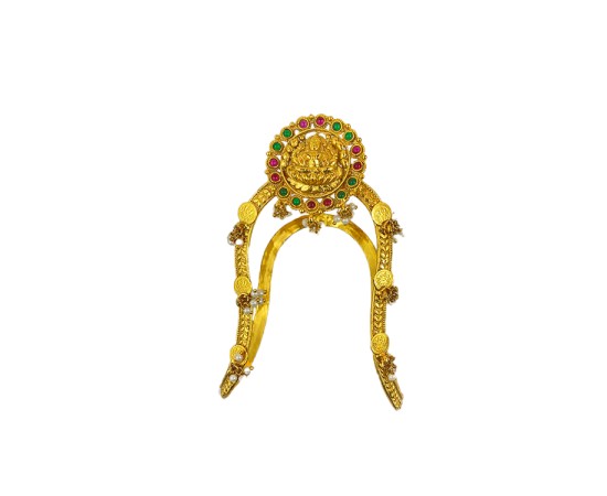 gold plated arm bracelet with red stone and laxshmi designs