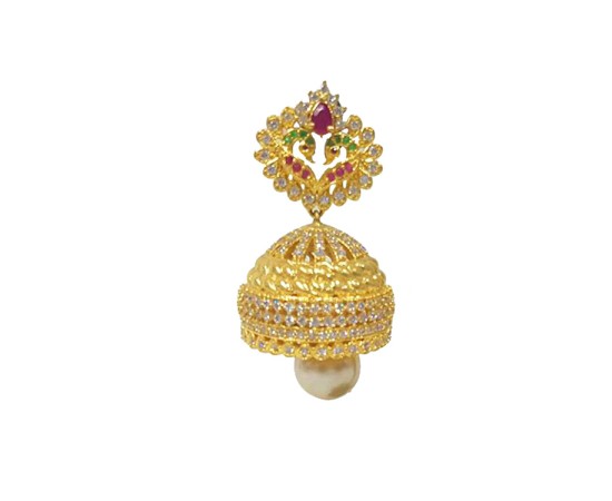 Golden Peacock Jhumka With Green pink & White Stones