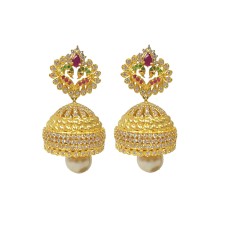 Golden Peacock Jhumka With Green pink & White Stones
