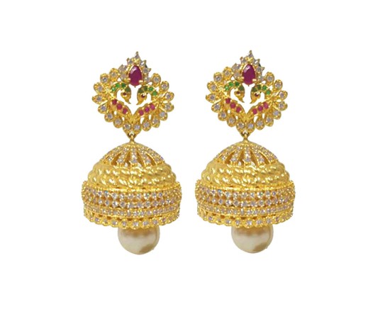 Golden Peacock Jhumka With Green pink & White Stones