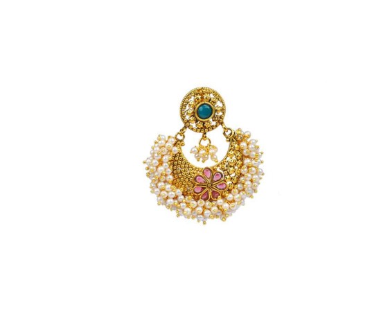 Golden Chandbali With Green Stone & White Pearls