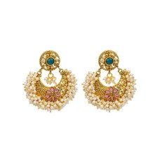 Golden Chandbali With Green Stone & White Pearls