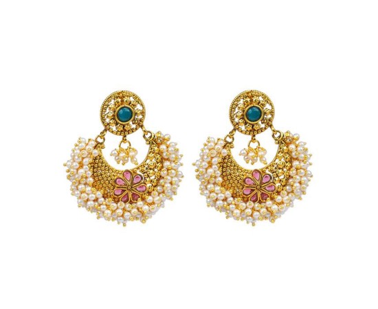 Golden Chandbali With Green Stone & White Pearls