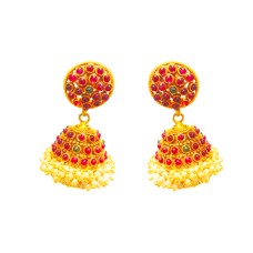 Golden Jhumka With Round Small Red & Green Stones