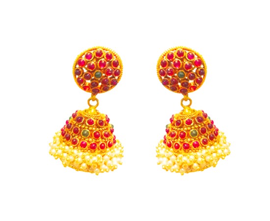 Golden Jhumka With Round Small Red & Green Stones
