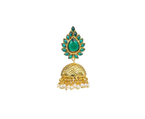 Golden Jhumka With Leaf Green Stones