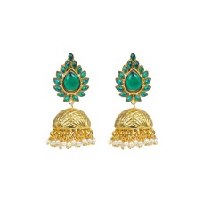 Golden Jhumka With Leaf Green Stones