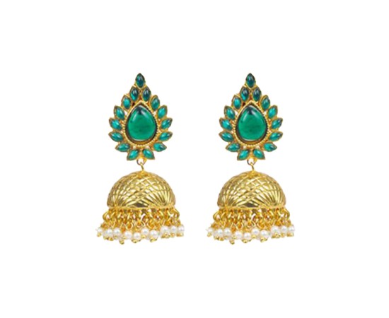 Golden Jhumka With Leaf Green Stones