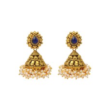 Golden Jhumka With Blue Stone And Small White Pearls