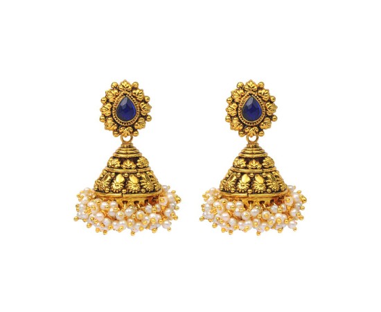 Golden Jhumka With Blue Stone And Small White Pearls