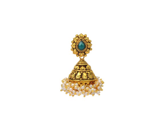  Golden Jhumka With Green Stone And Small White Pearls