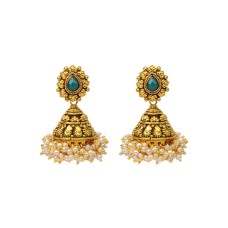  Golden Jhumka With Green Stone And Small White Pearls