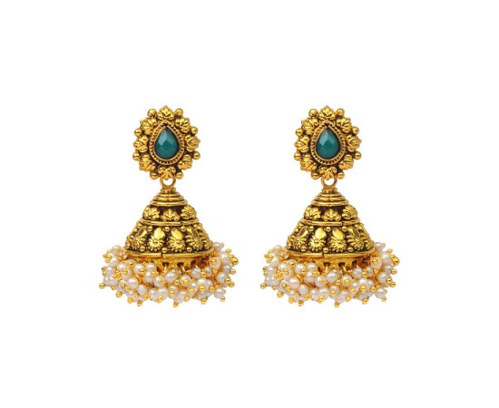  Golden Jhumka With Green Stone And Small White Pearls