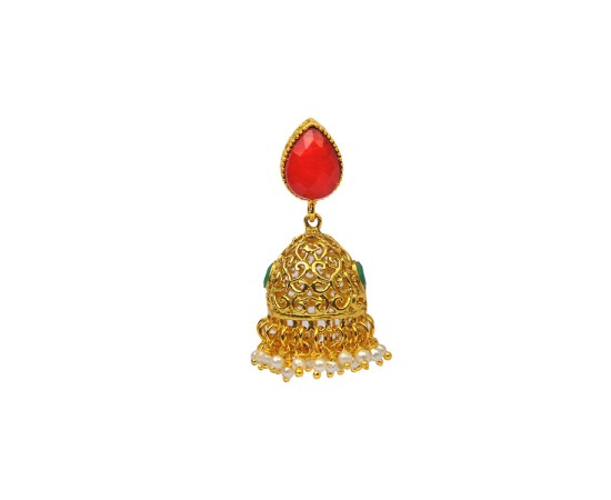Golden Jhumka With Big Red Stone & White Pearls