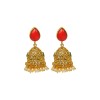 Golden Jhumka With Big Red Stone & White Pearls