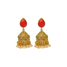 Golden Jhumka With Big Red Stone & White Pearls